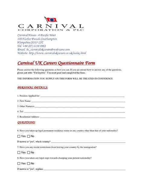 carnival health questionnaire